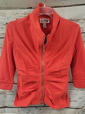 Joseph Ribkoff Coral Red Zip Front Jacket Ruched Pleated 3/4 Sleeve